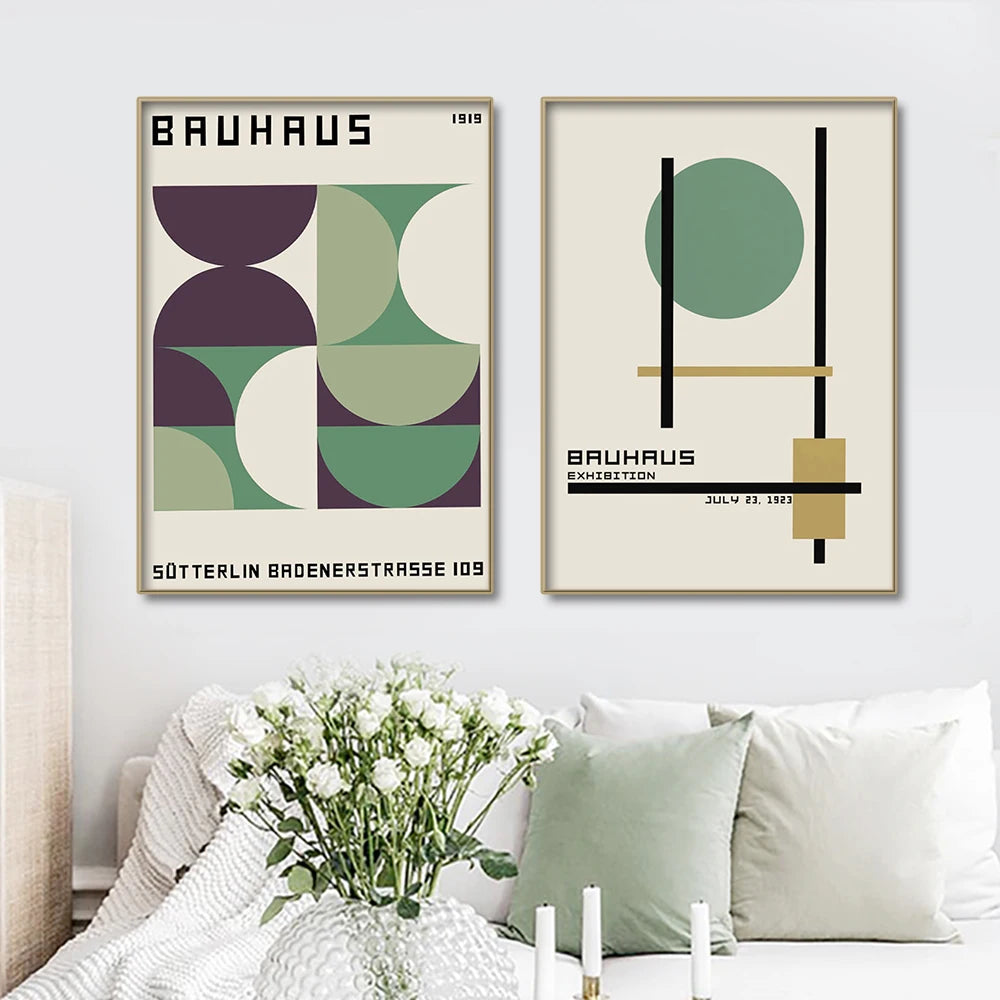 Bauhaus-pintura en lienzo con líneas de bloques de Color verde, carteles artís