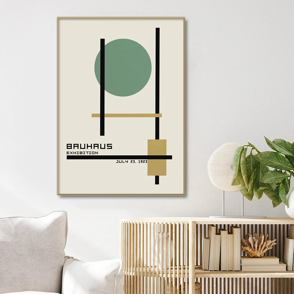 Bauhaus-pintura en lienzo con líneas de bloques de Color verde, carteles artís